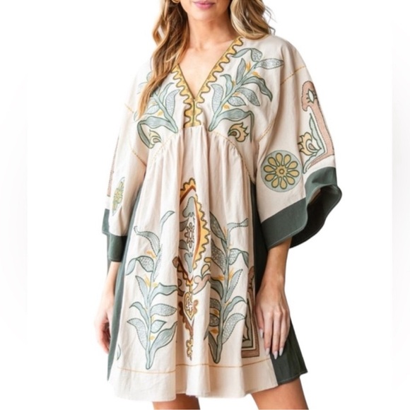 Floral Embroidered Cream and Green Dress - Picture 1 of 6